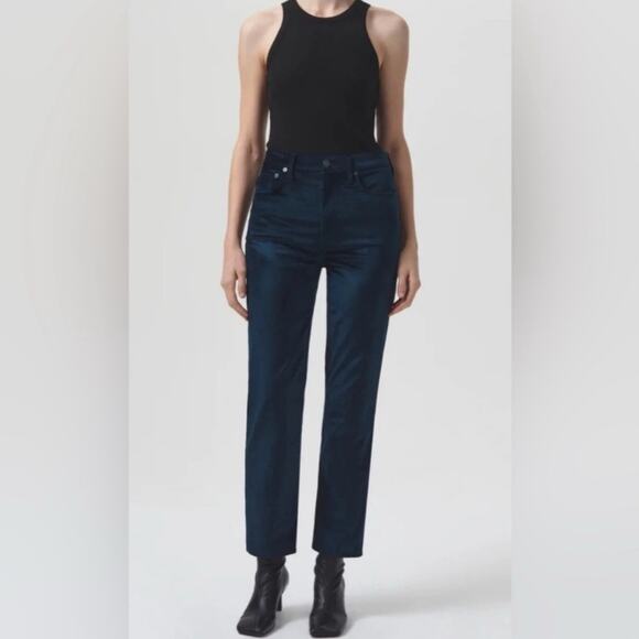 Agolde Deep Teal Green Soft Velvet High Rise Stovepipe Jeans Pants 30 - Picture 1 of 11